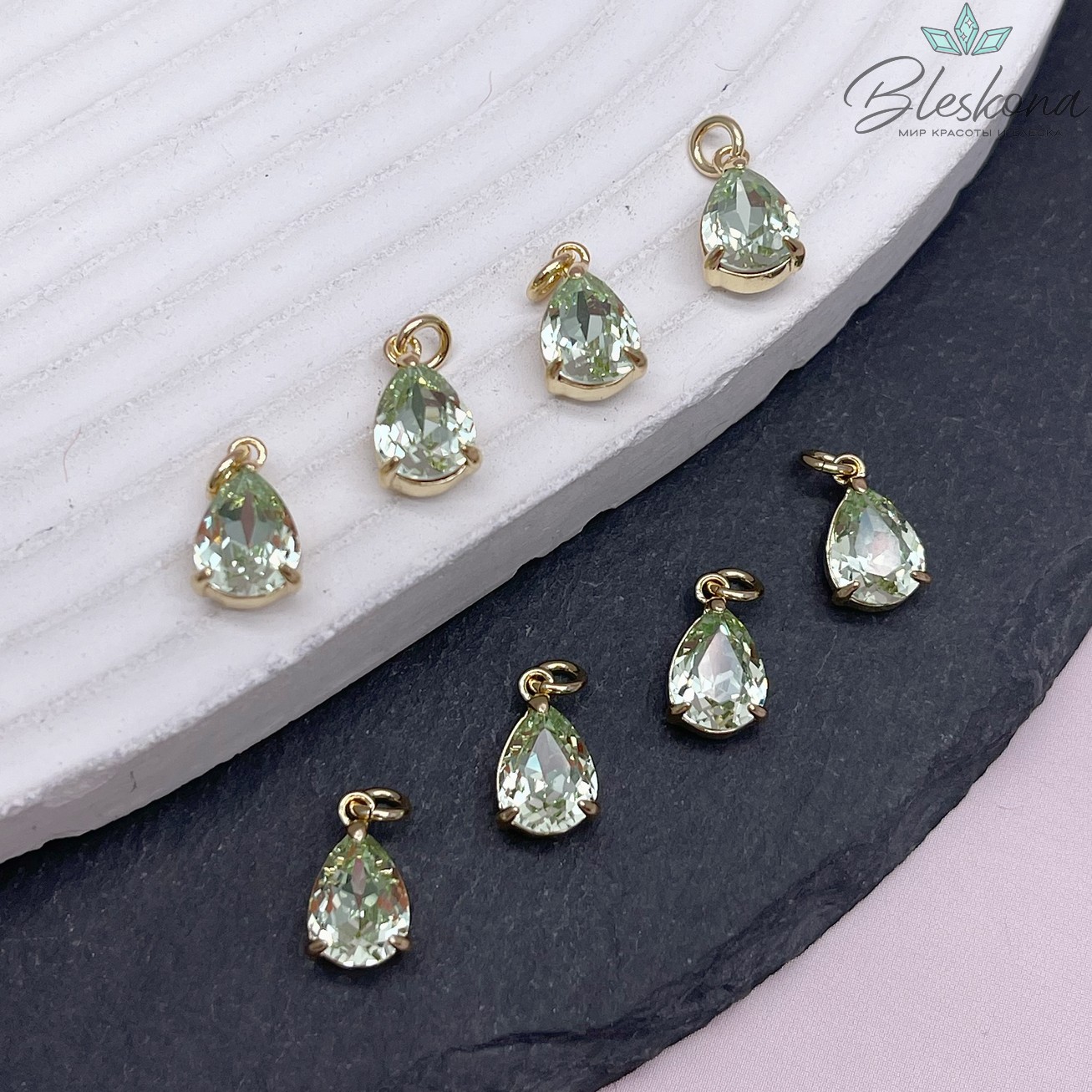11*7 мм, Цвет золото, Подвеска капля зеленый циркон