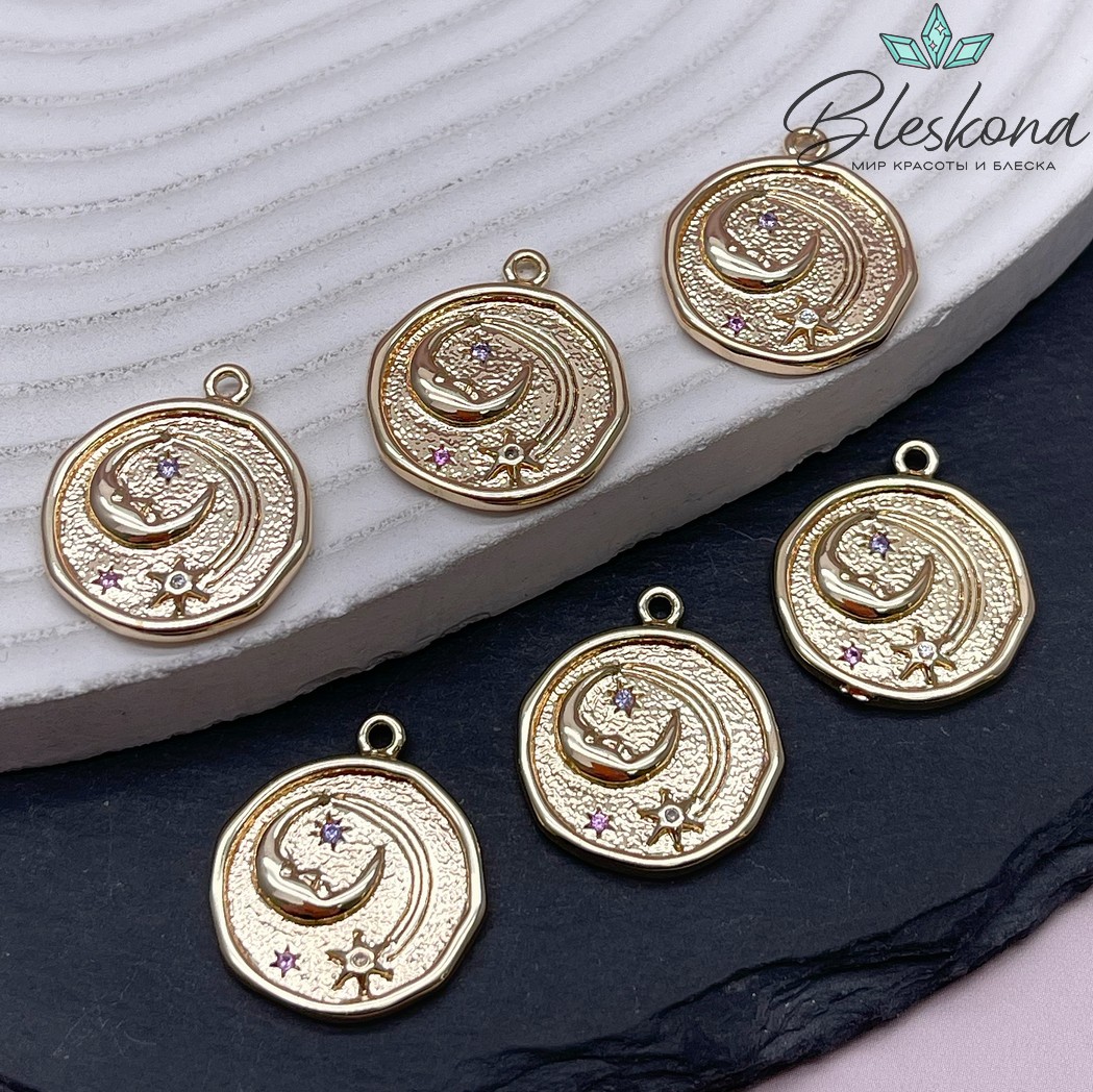 22*19 мм Цвет золото, Подвеска луна со звездой в круге с цирконами 