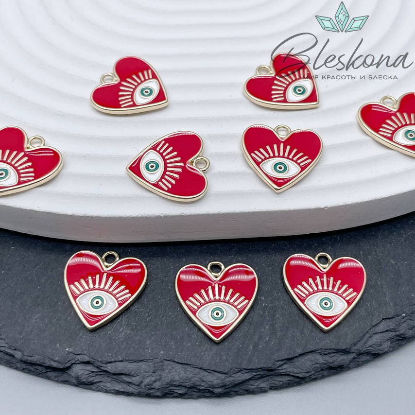 17мм Цвет золото, Подвеска сердце глаз красная эмаль 