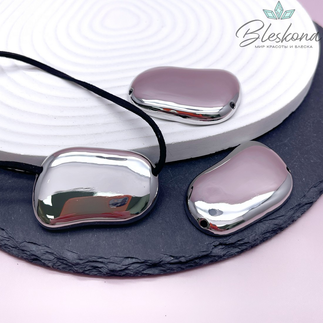 28*44 мм Цвет серебро, Подвеска-бусина фриформ объемное крупное 