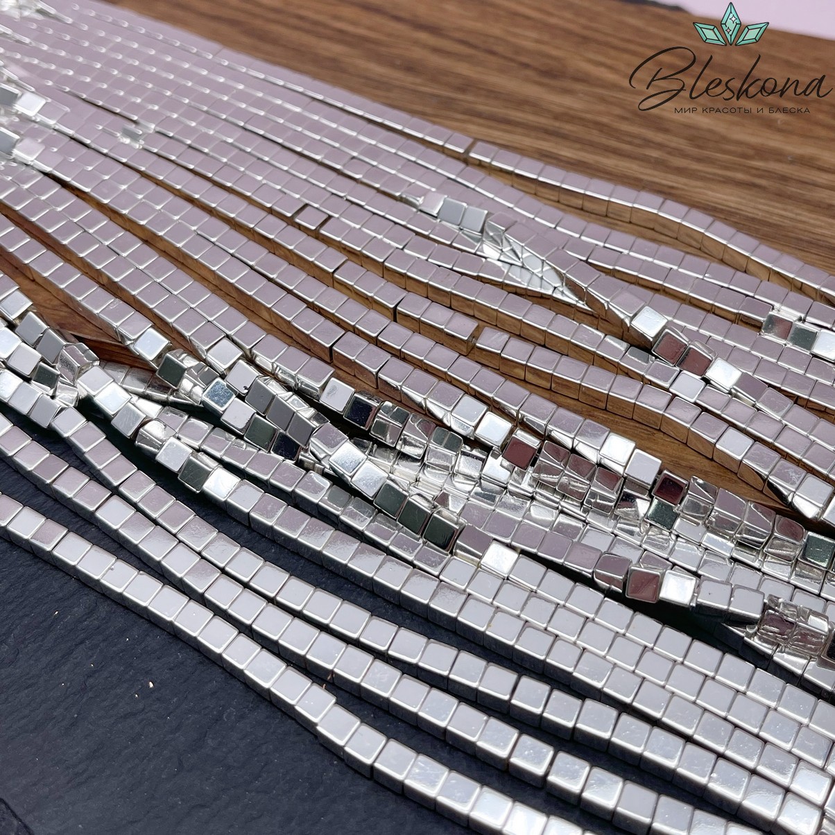 4 мм Гематин имитация, цвет светлое серебро, куб