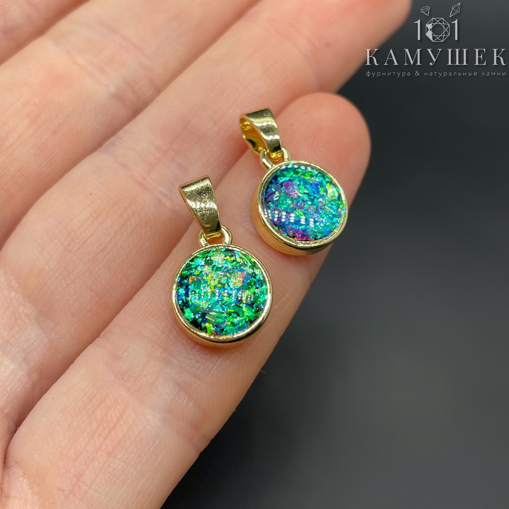 10мм, цвет золото ,Подвеска круг сине-зеленый