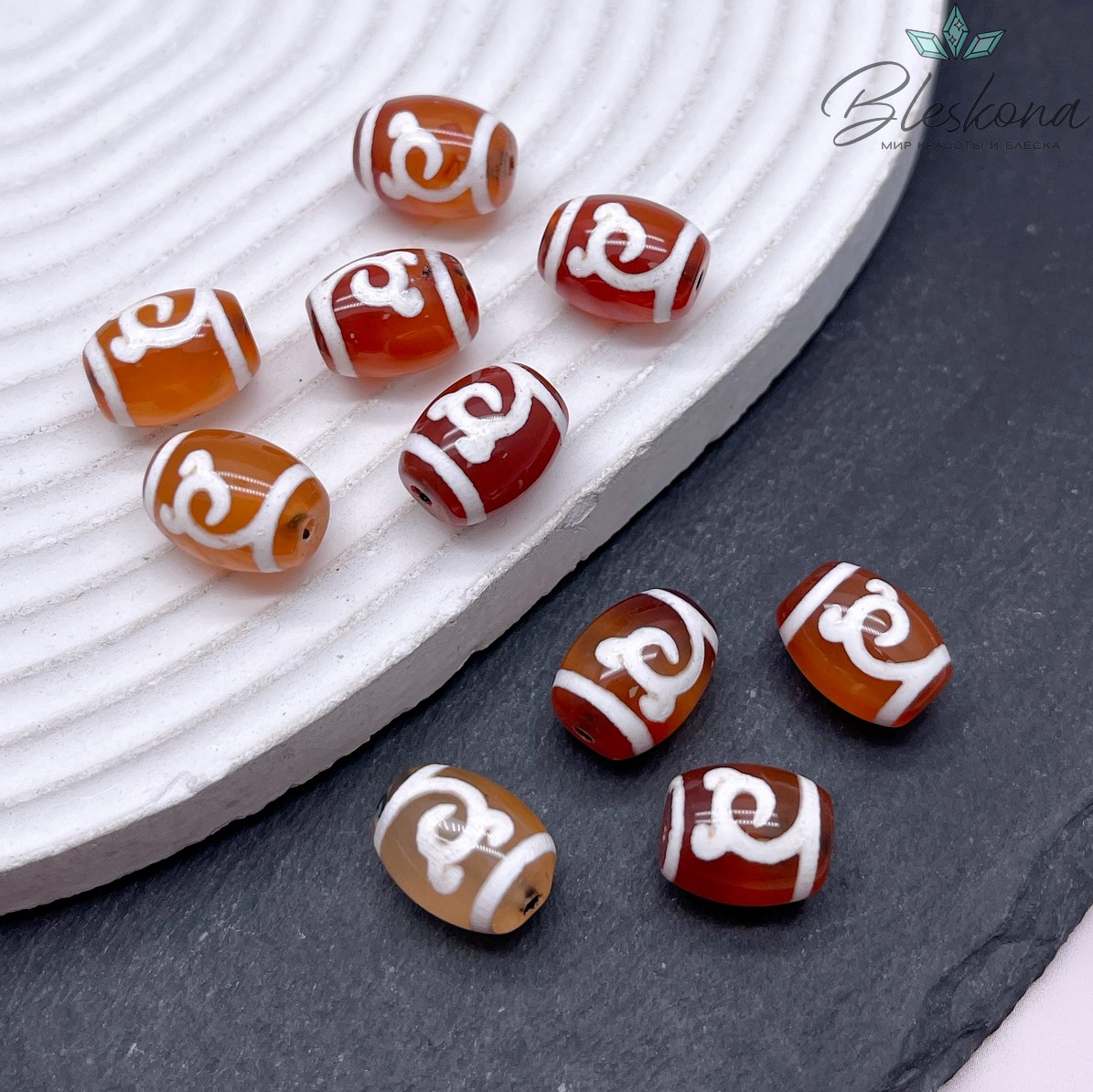 Бусина Дзи Зеленая тара светло-коричневый бочонок 10*14 мм