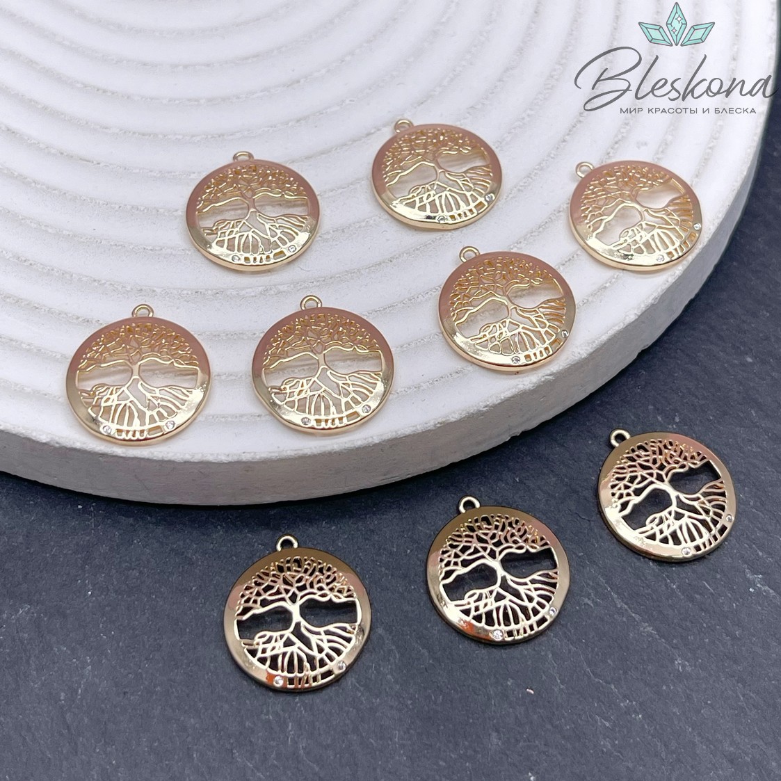 16,6*14,8 мм Цвет золото, Подвеска круг дерево Жизни цирконы