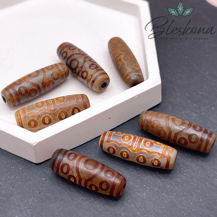 Бусина Дзи 15 глаз серо-коричневый бочонок 30*11 мм