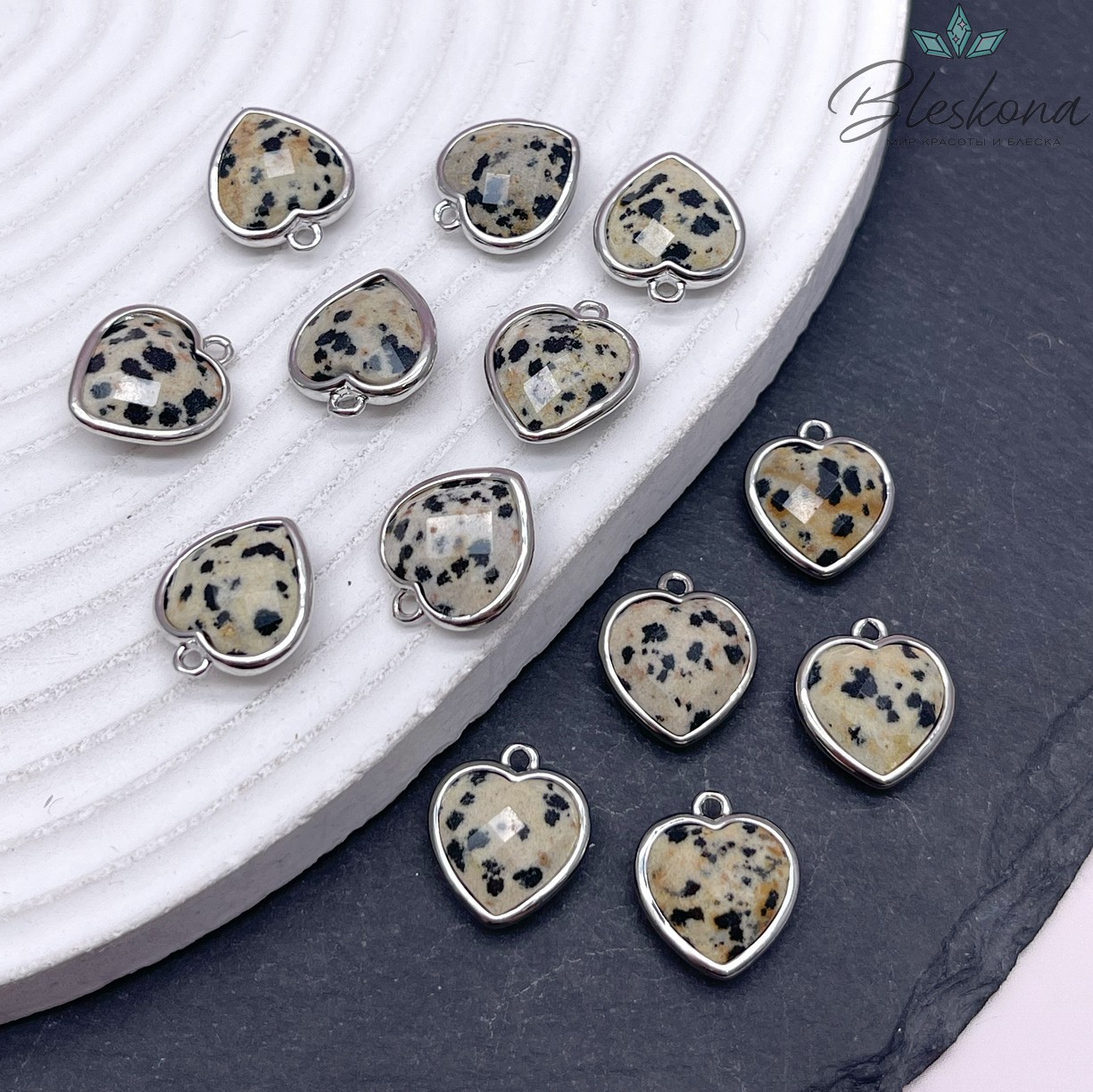 13*15мм,Цвет серебро,Подвеска Сердце Далматиновая яшма огранка