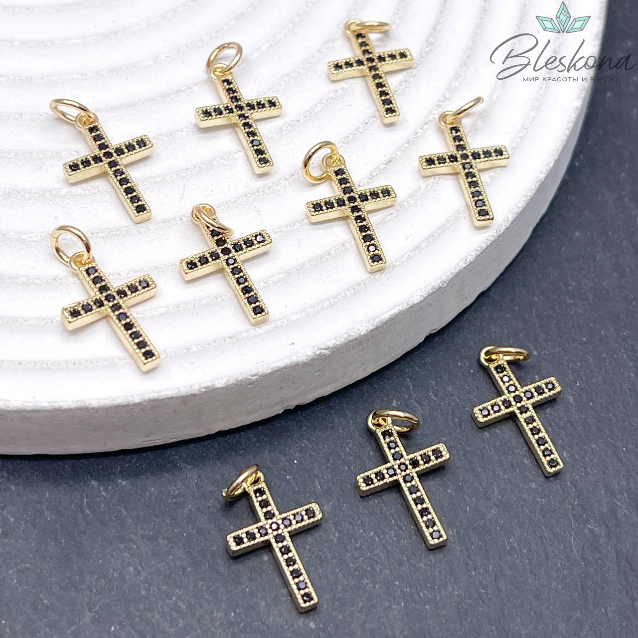 17*10 мм Цвет золото, Подвеска крест черные цирконы 