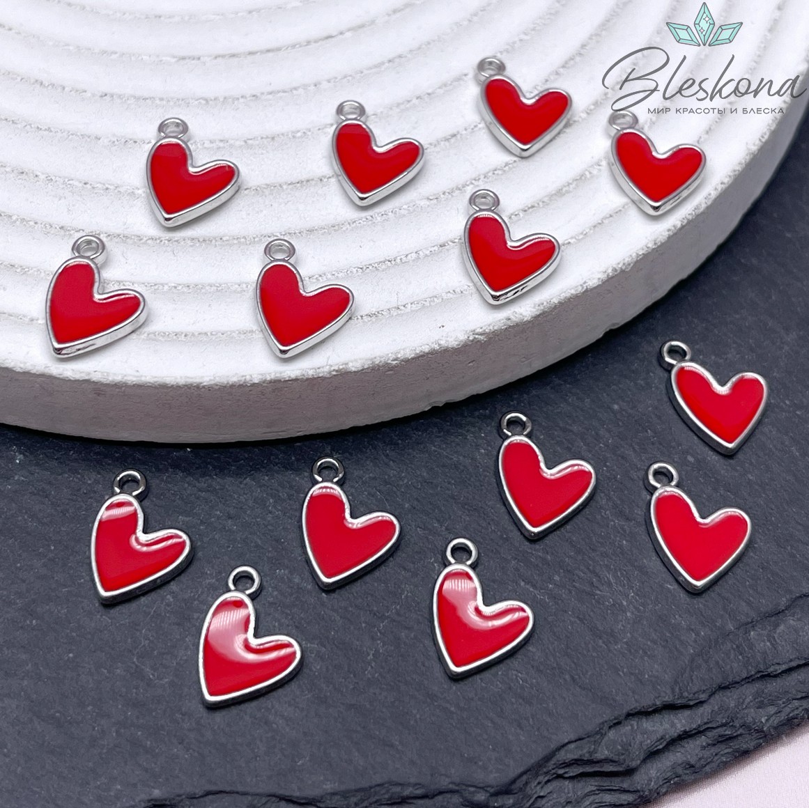 10*12,5 мм Цвет серебро, Подвеска Сердце красная эмаль