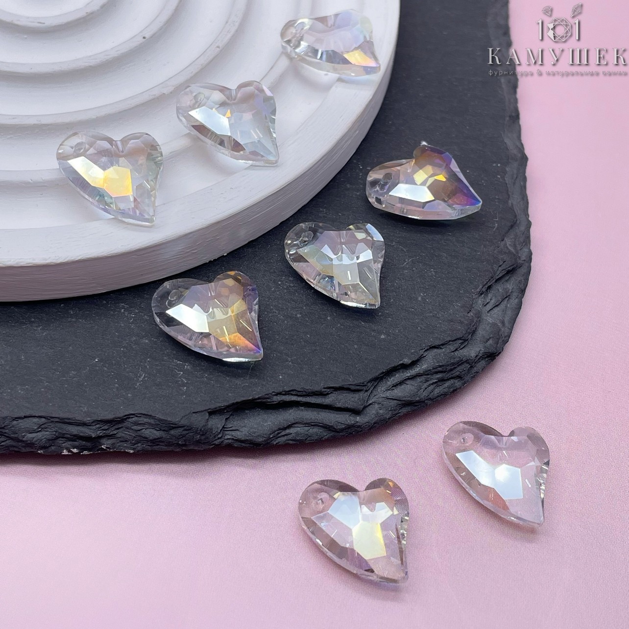 16,5*14 мм, Подвеска сердце стекло белое с переливом (Shimmer B) уп. 2 шт