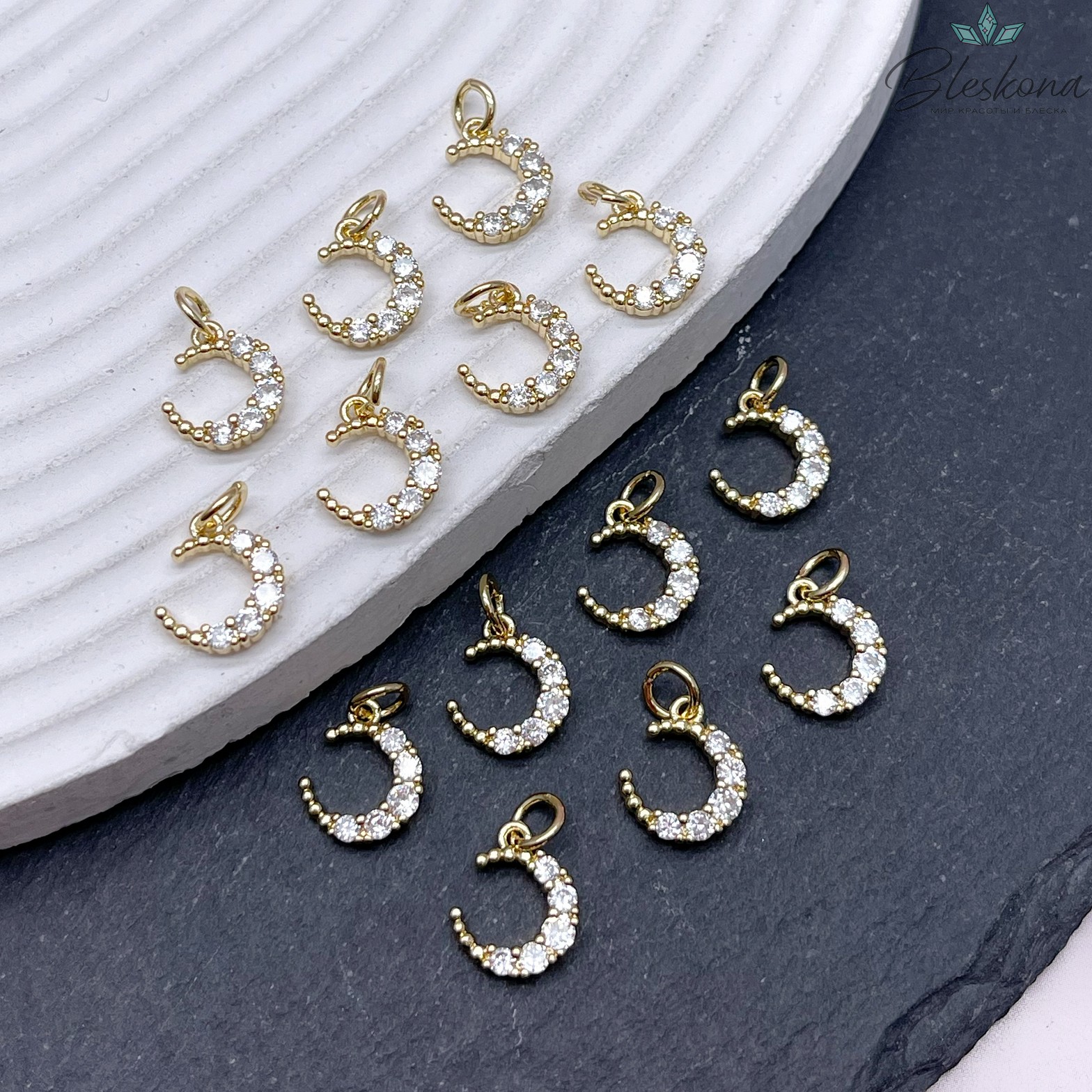 12*10 мм,цвет золото, Подвеска полумесяц цирконы 