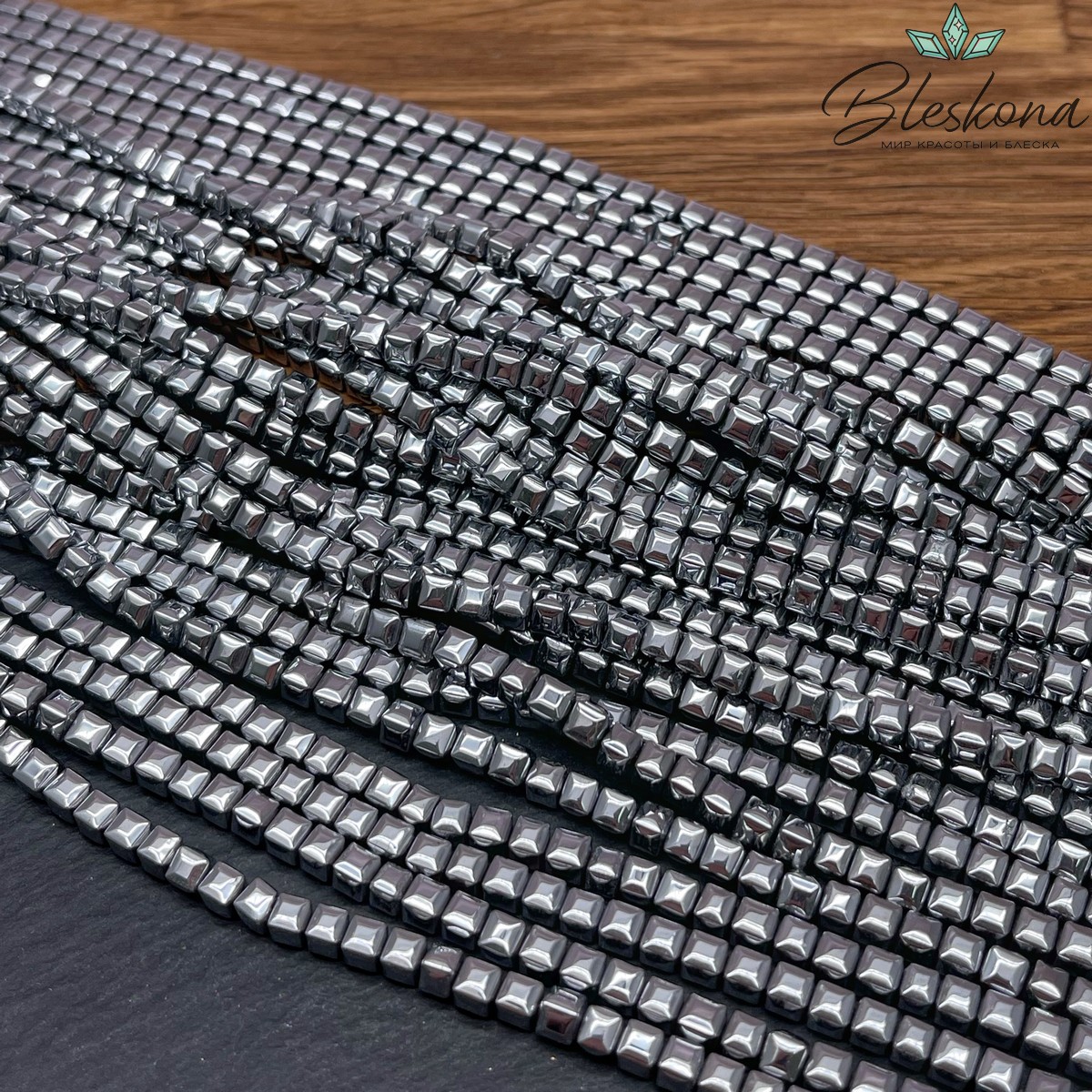 4 мм Гематин имитация, цвет темное серебро, куб мягкие грани