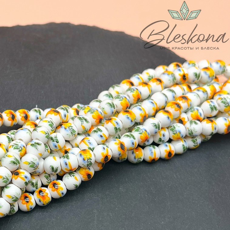 8 мм Керамика Бусина роспись гжель №4
