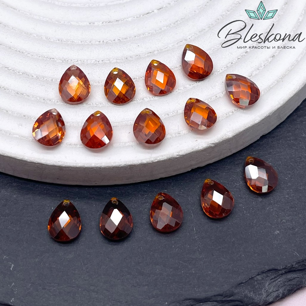 9*6 мм, Подвеска Циркон капля темно-оранжевая (кубический цирконий, фианит) 