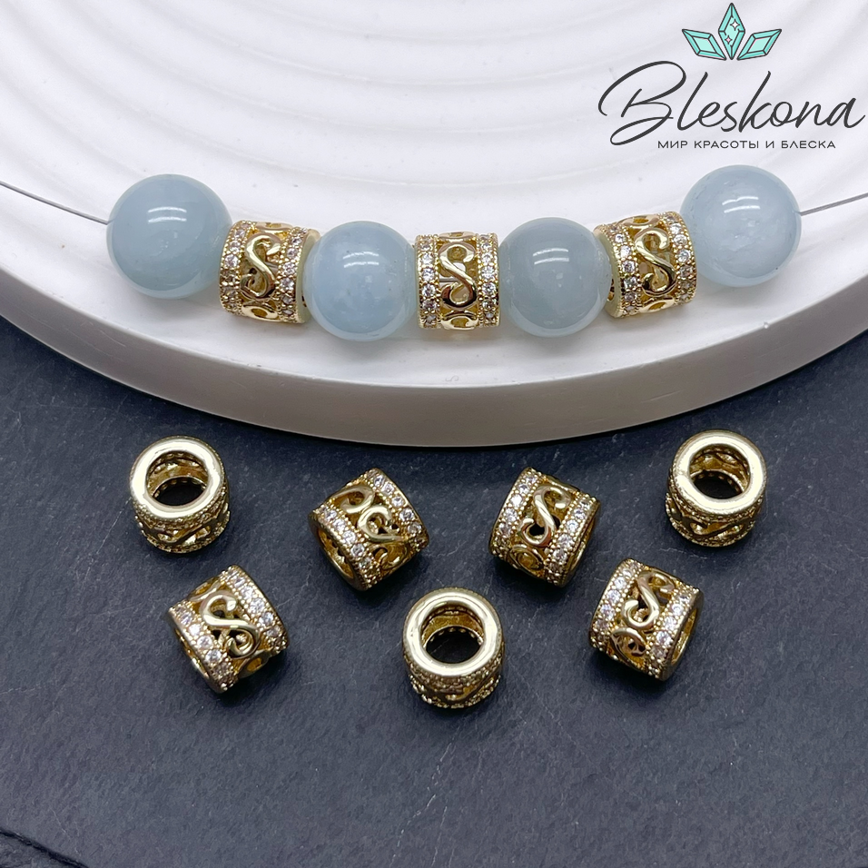 12*13 мм Цвет золото, Бусина цилиндр узоры цирконы