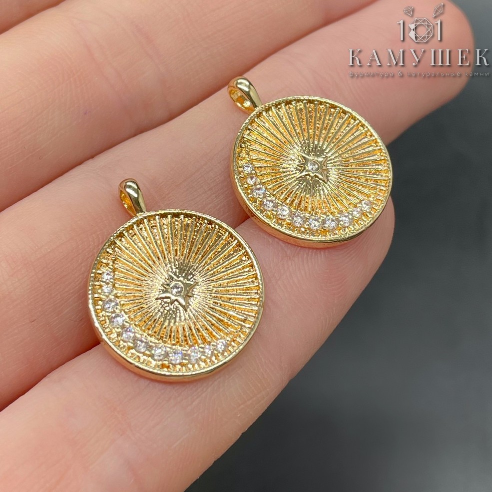 16,7мм,цвет золото,Подвеска полумесяц со звездой цирконы 