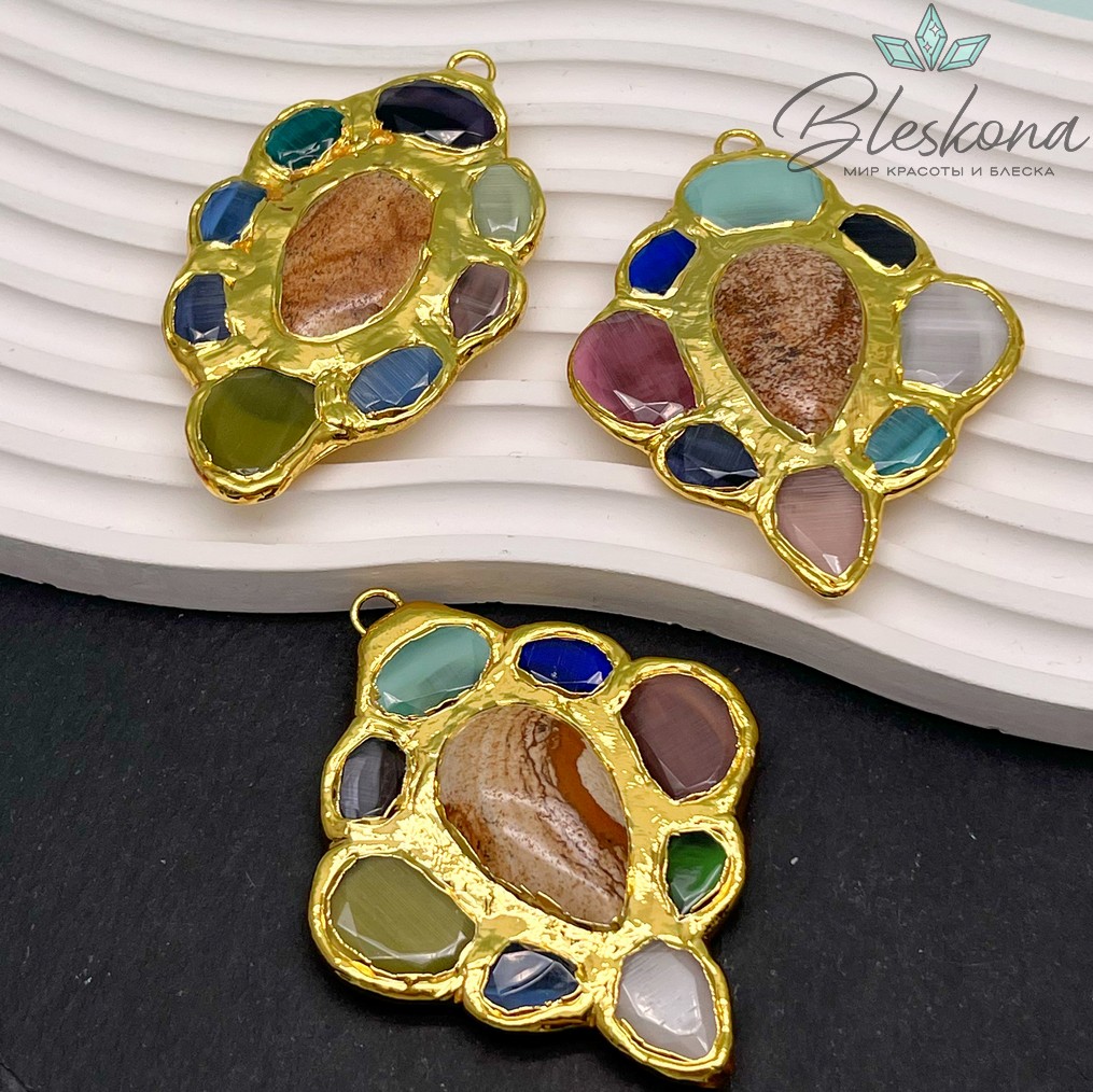 74*60 мм Цвет золото, Подвеска Песочная яшма и Микс камней №1