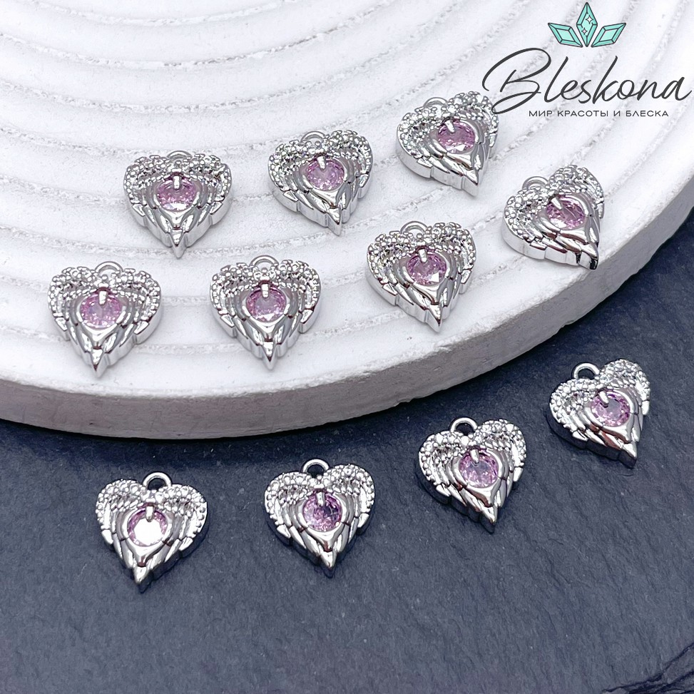 11*10,5 мм Цвет серебро, Подвеска Сердце розовый циркон