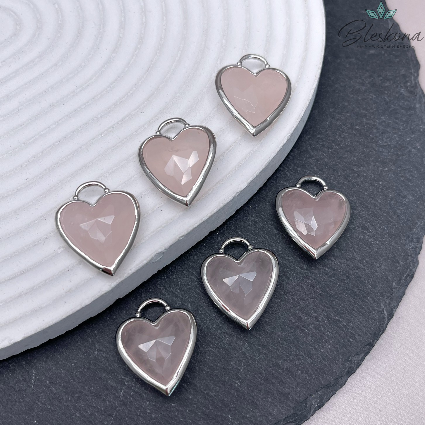23,5*19 мм,Подвеска Сердце Розовый кварц ,цвет серебро