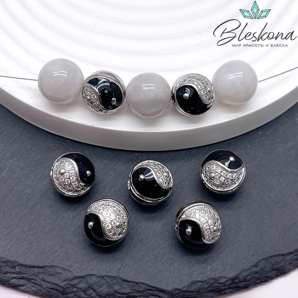 11 мм Цвет серебро, Бусина шар Инь-Янь цирконы черная эмаль