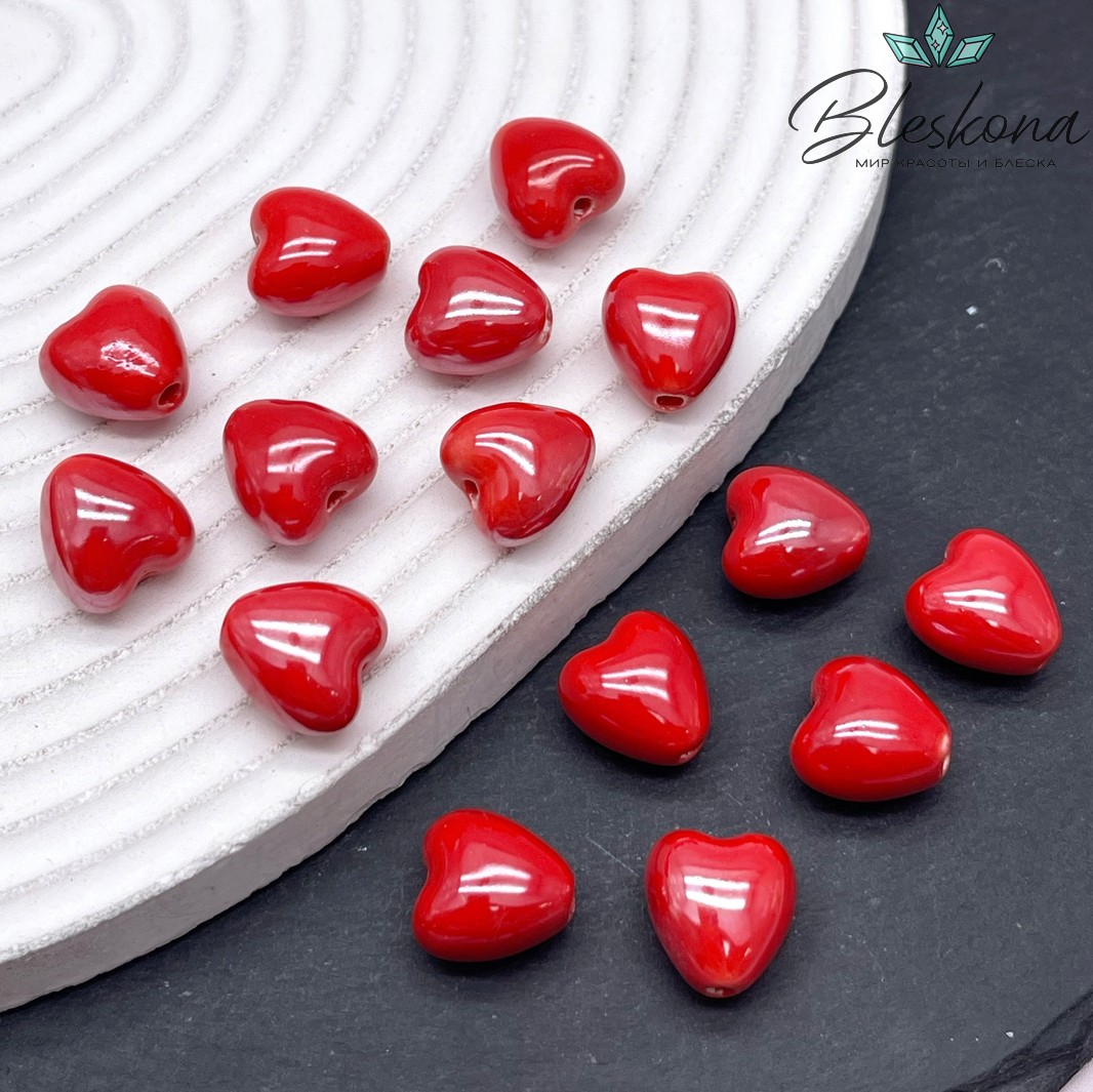 12 мм Бусина сердце, керамика цвет красный