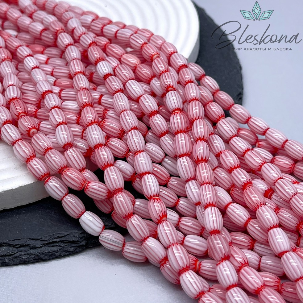 Муранское стекло бочата красно- белые, полосы 9*6 мм