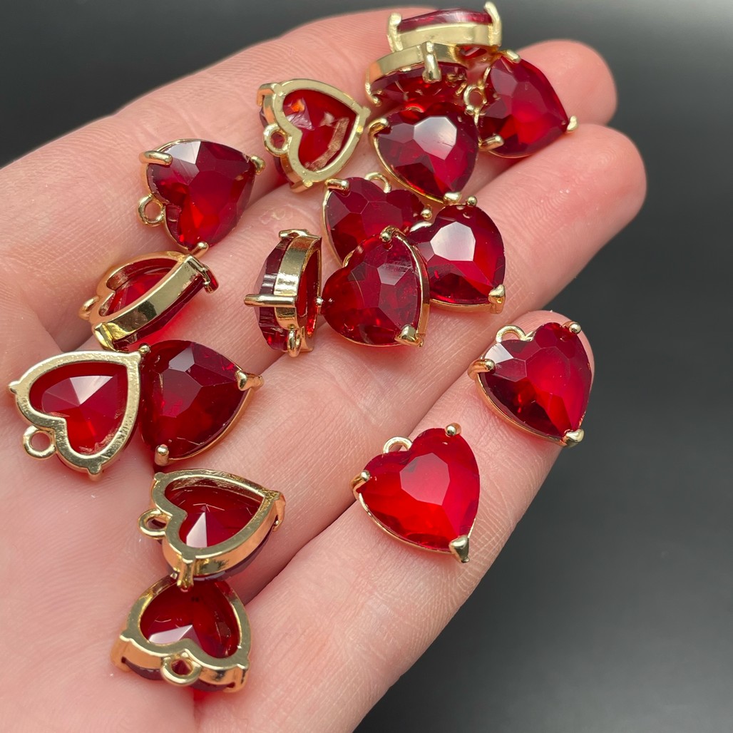 12 мм, Цвет золото, Подвеска сердце стекло красное цапы