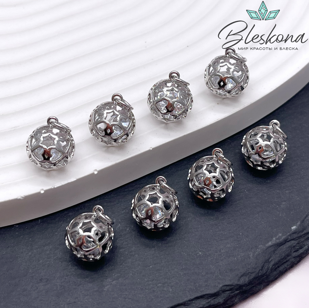 12*10 мм, цвет серебро, Подвеска шар сердечки с цирконом