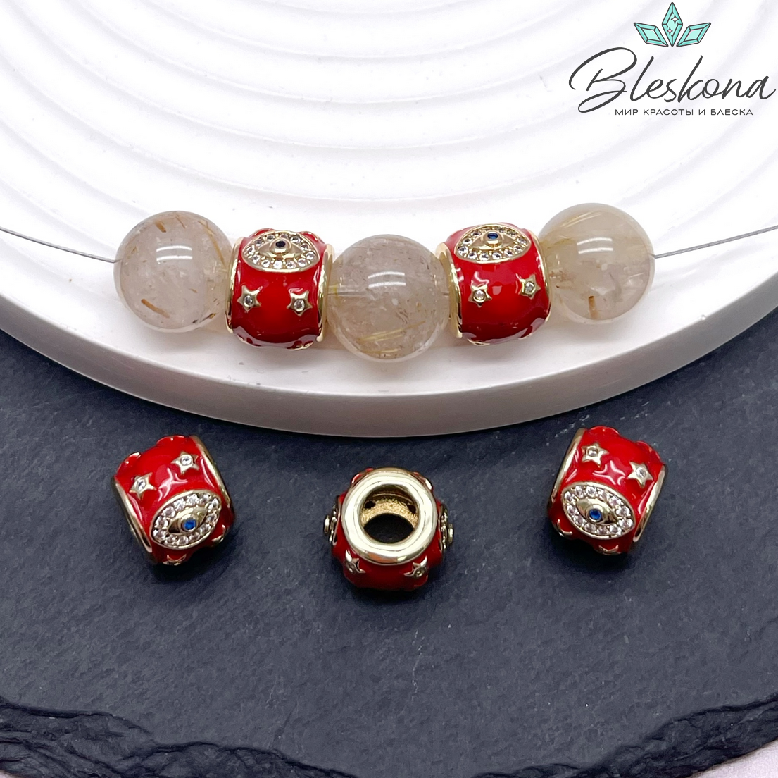 9*11 мм Цвет золото, Бусина бочонок глаз цирконы красная эмаль