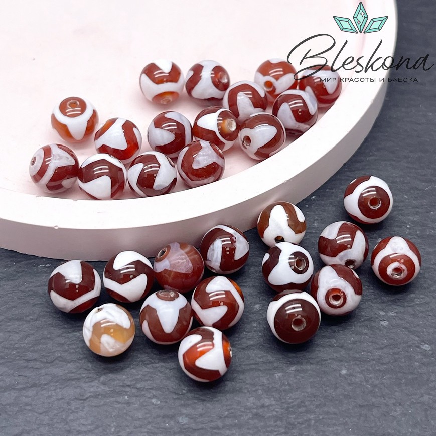 Бусина Дзи Тигриный клык бело-коричневый шар 8 мм уп.15 шт.