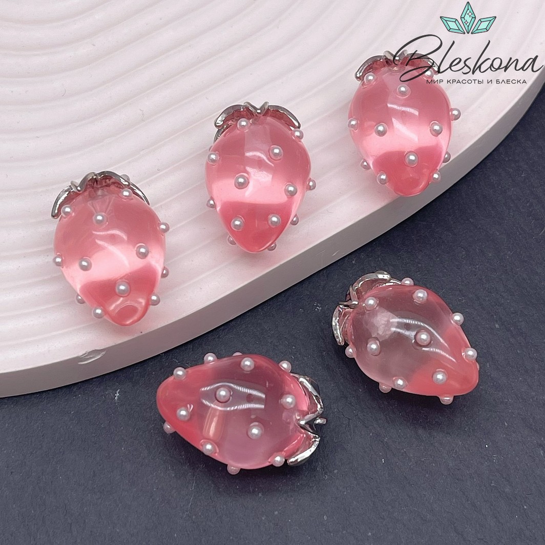 25*17 мм Цвет серебро, Подвеска клубничка прозрачная розовая