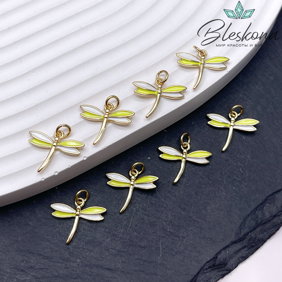 17*19 мм Цвет золото, Подвеска Стрекоза бело- желтая эмаль