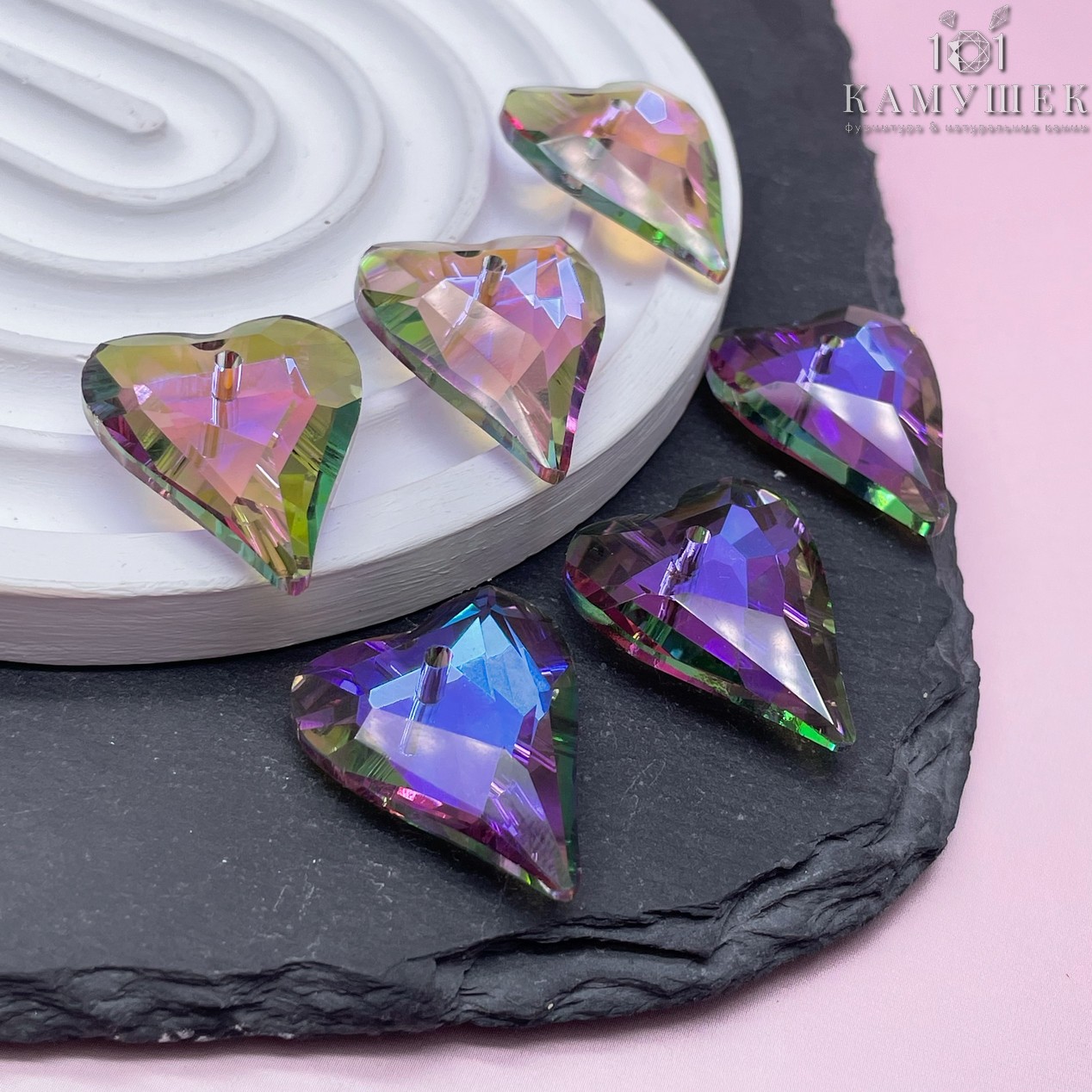 26,5*21,5 мм, Подвеска сердце стекло белое с переливом (Paradise Shine) уп. 2 шт