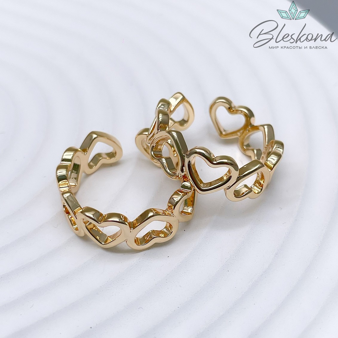 20мм, Цвет золото, Кольцо безразмерное сердца Люкс 