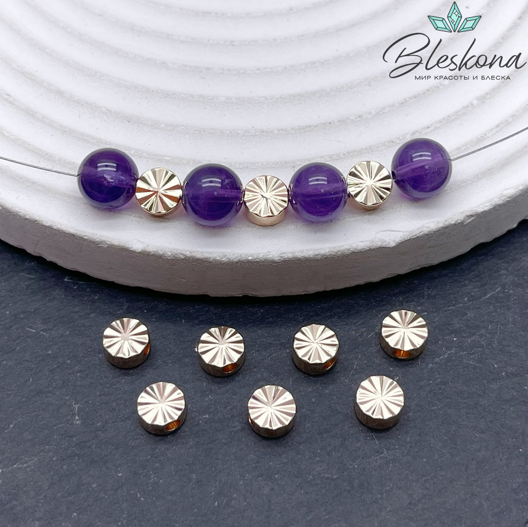 6 мм, Цвет золото, Бусина таблетка с насечками 