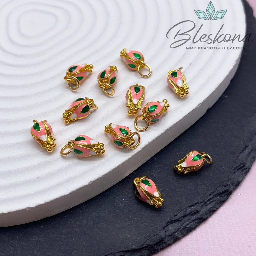 13*7 мм, Цвет золото, Подвеска бутон розовый эмаль