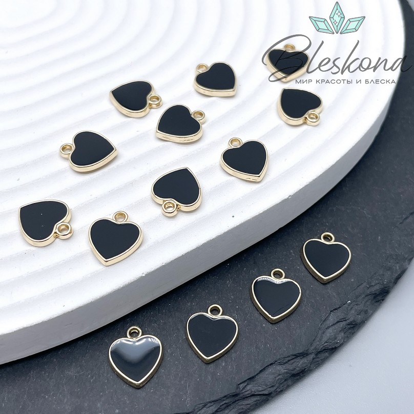 11*10 мм Цвет золото, Подвеска сердце черная эмаль