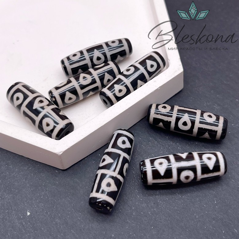 Бусина Дзи 9 глаз Капли Дождя черно-белый бочонок 30*11 мм