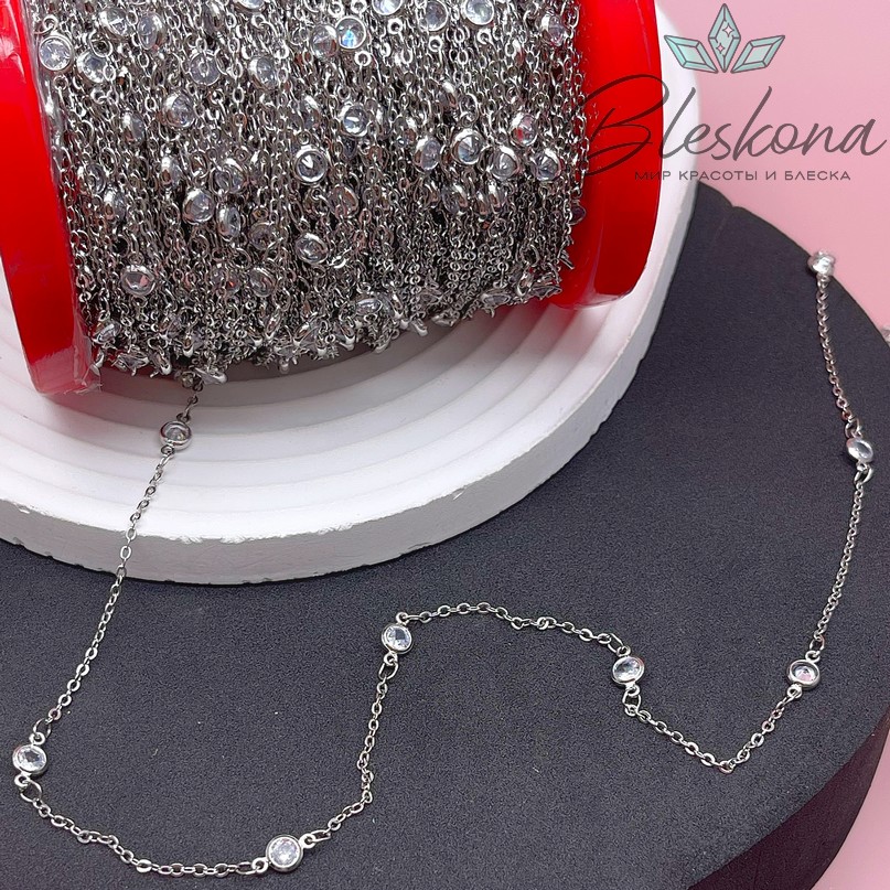 Цепь №200 цвет серебро 1,6*2 мм циркон