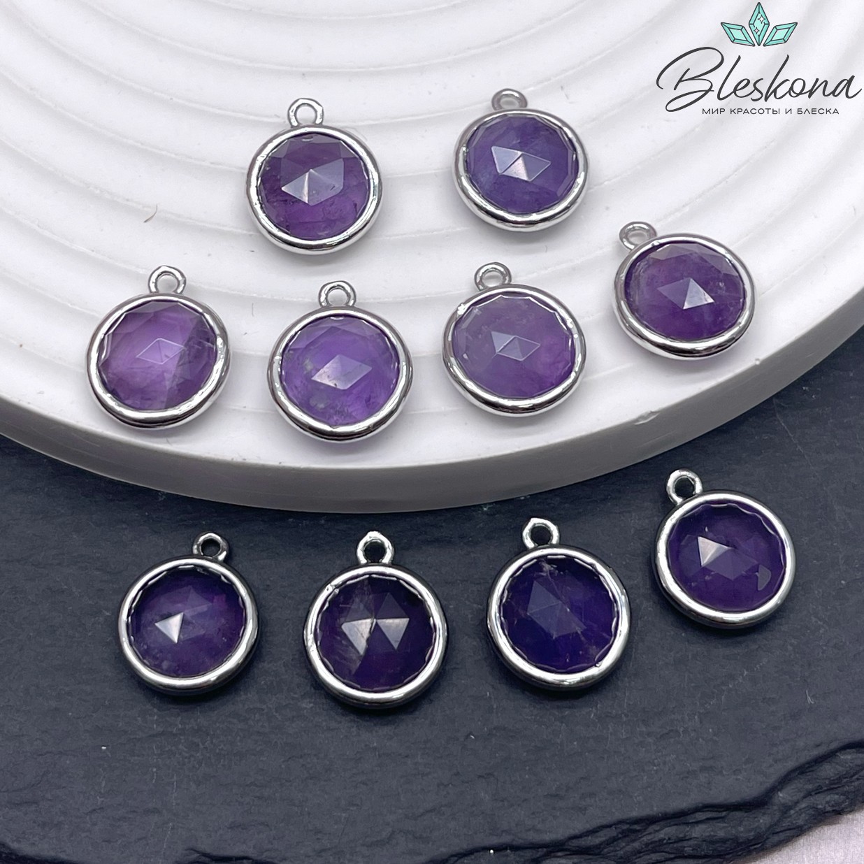 11,5мм, цвет серебро ,Подвеска круг мини Аметист огранка