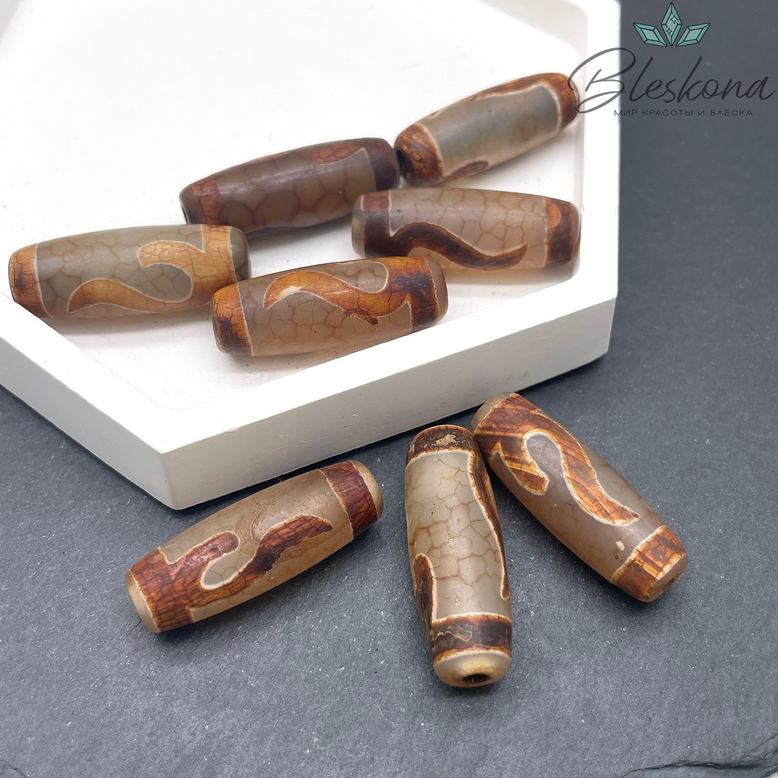 Бусина Дзи Золотой Ключ серо-коричневый бочонок 30*11 мм