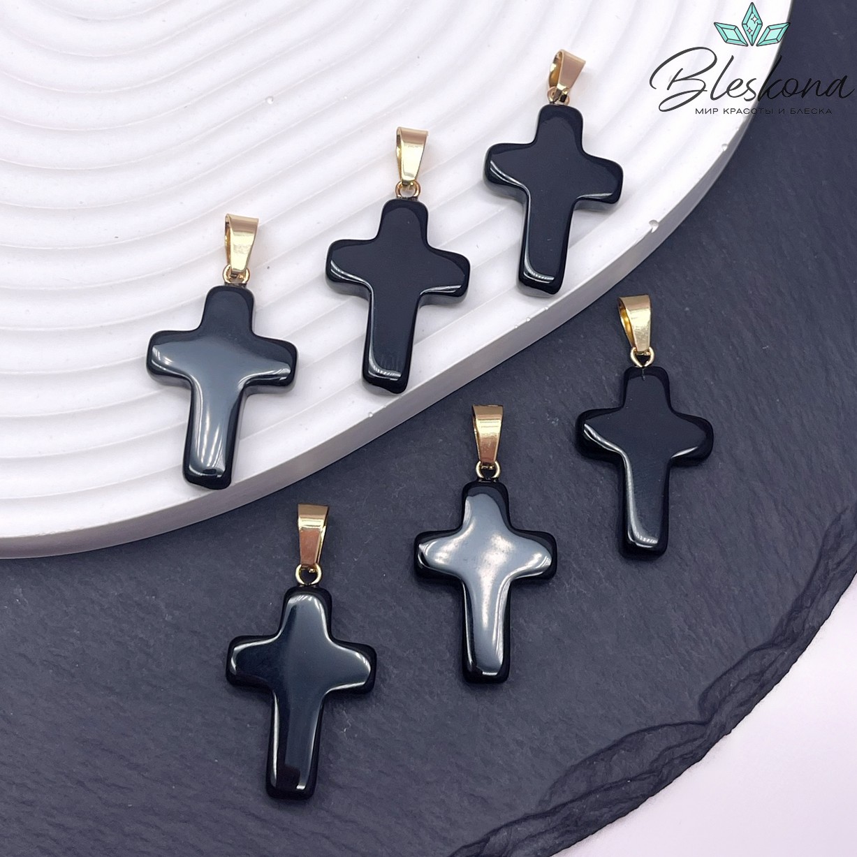 Подвеска крест Агат черный, цвет золото 26*18 мм