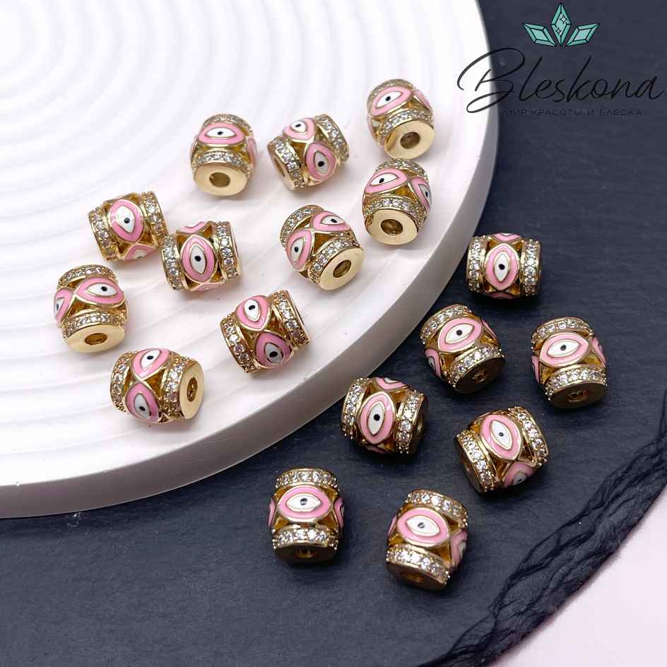 10*9,5 мм Цвет золото, Бусина бочонок глаза цирконы розовая эмаль