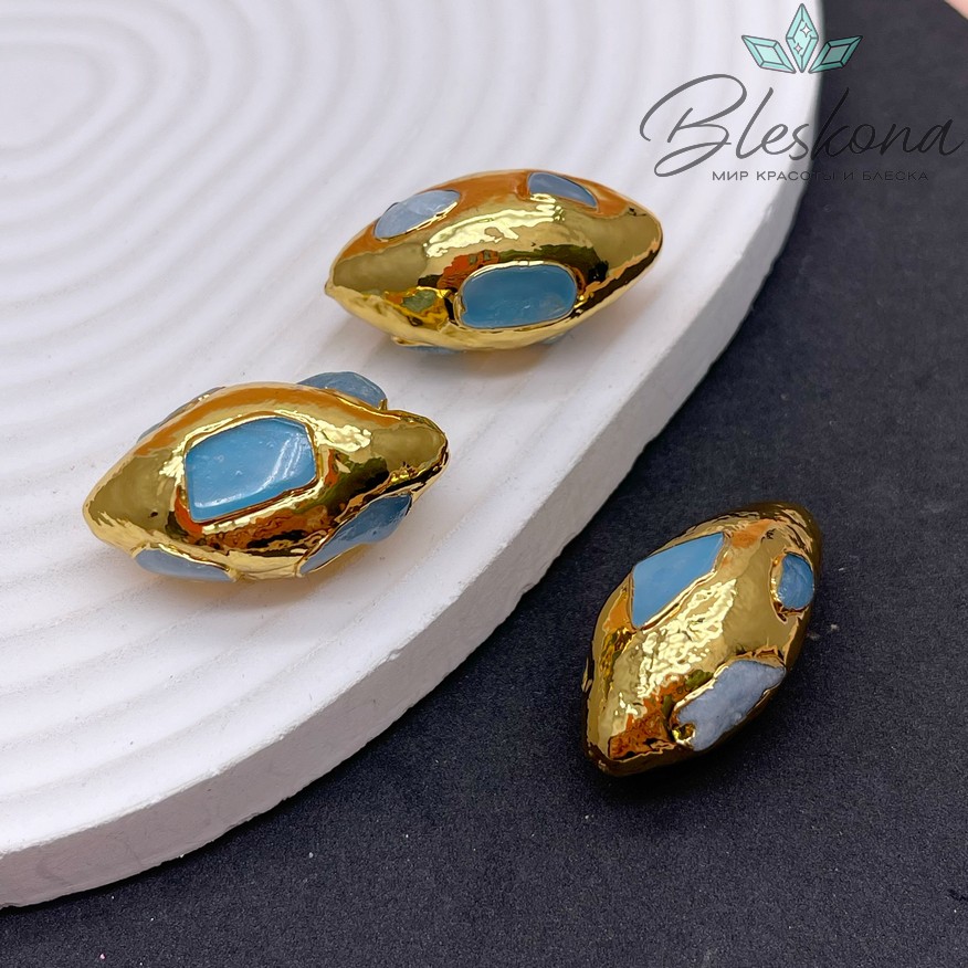 33*17 мм Цвет золото, Бусина  зауженный овал Аквамарин