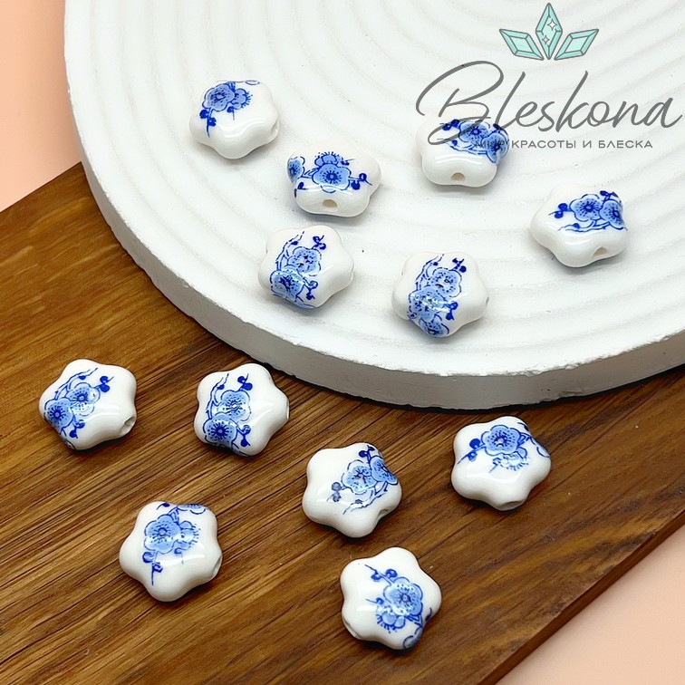 14,5*14 мм Керамика Бусина цветок роспись гжель №3 (штучно)
