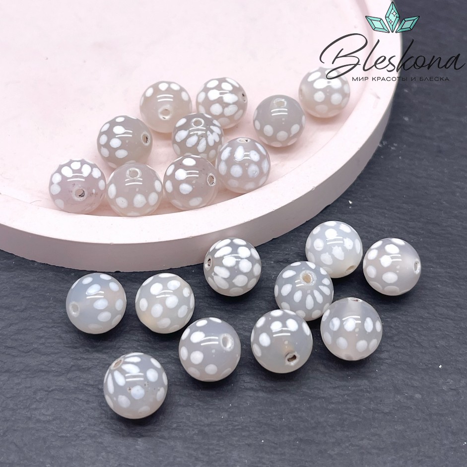 Бусина Дзи точки серо-белый шар 10 мм уп.10 шт.