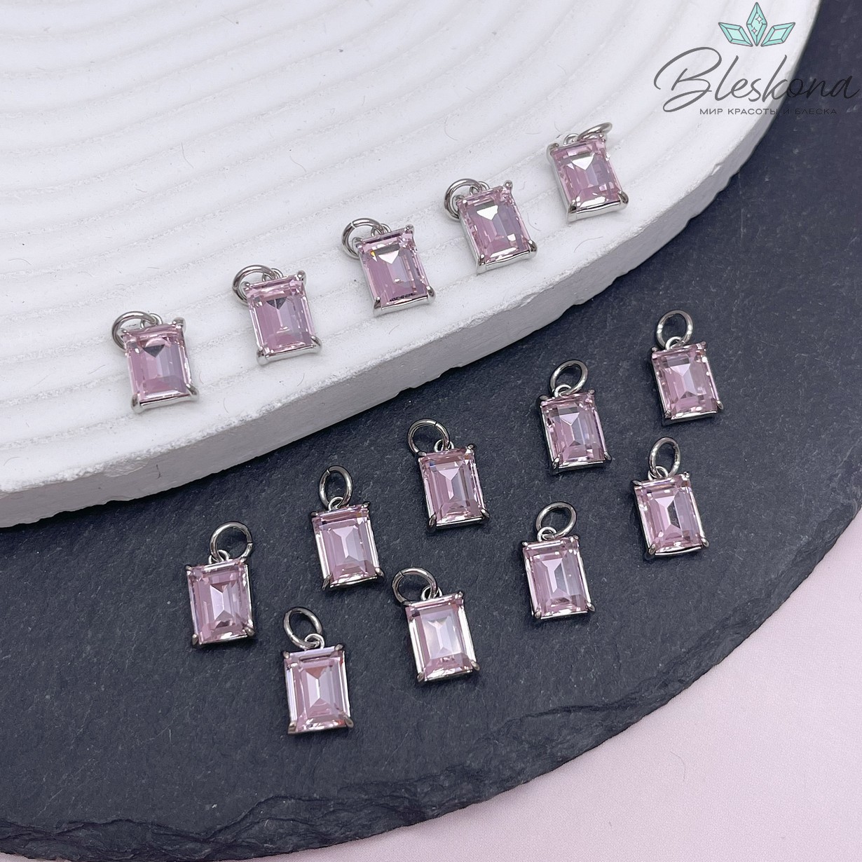8*5 мм, Цвет серебро, Подвеска прямоугольник розовый циркон