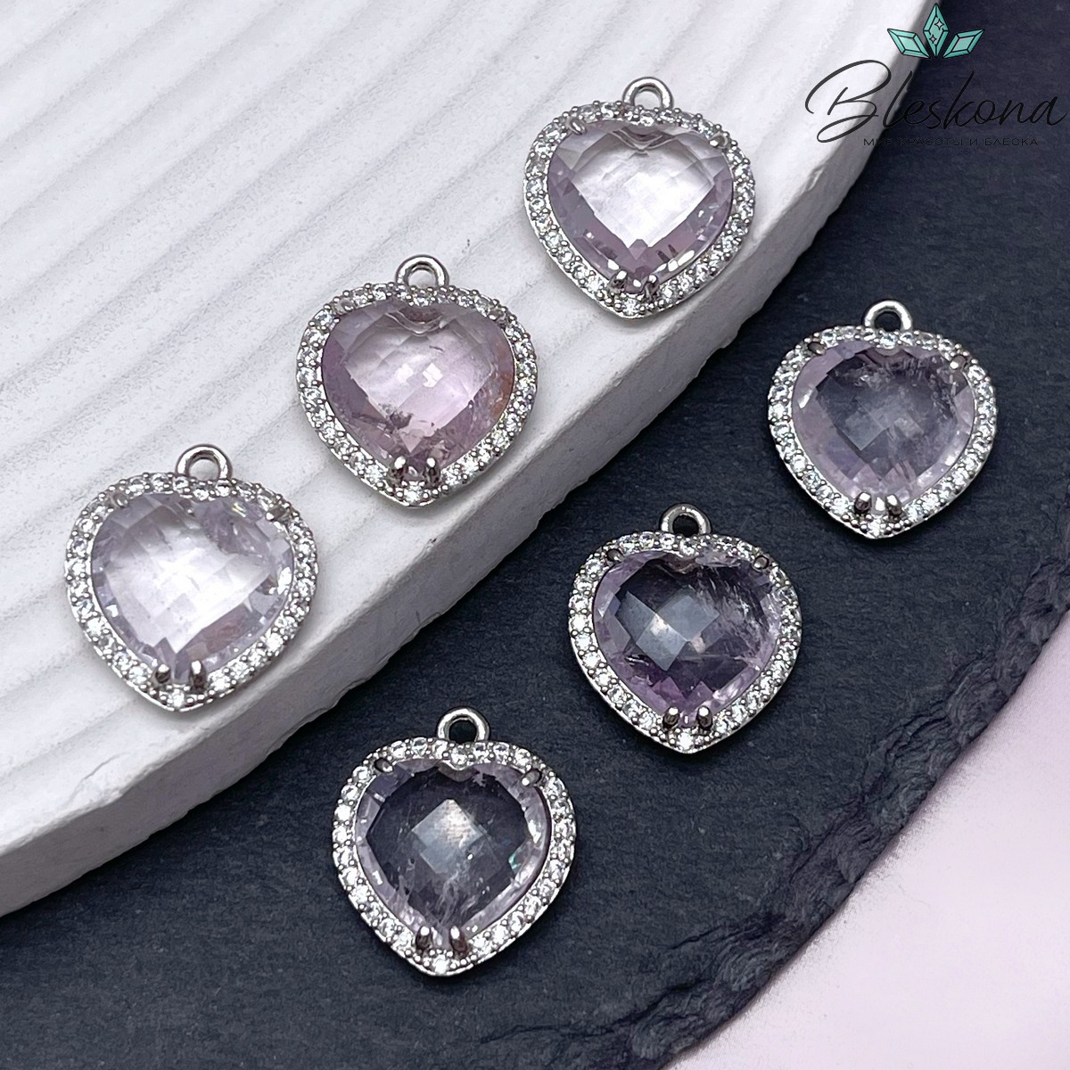 16*18мм ,цвет серебро, Подвеска Сердце в обрамлении Лавандовый Аметист огранка цирконы