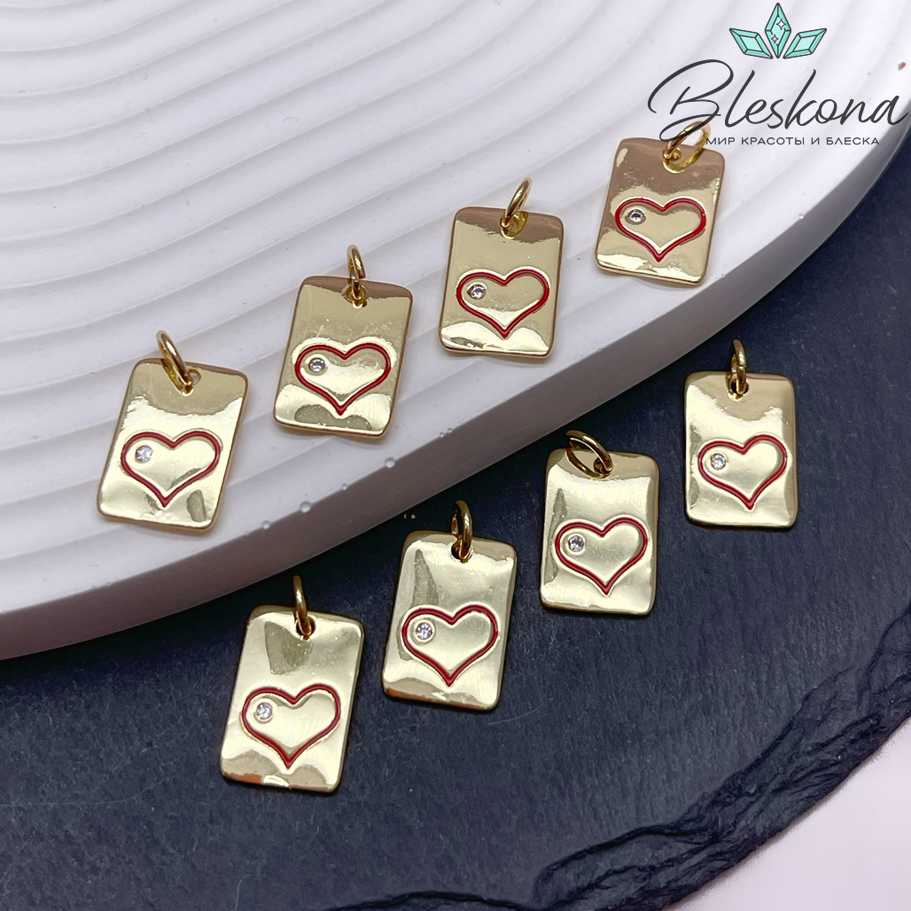 15*10 мм, Цвет золото, Подвеска прямоугольник сердце красная эмаль с цирконом