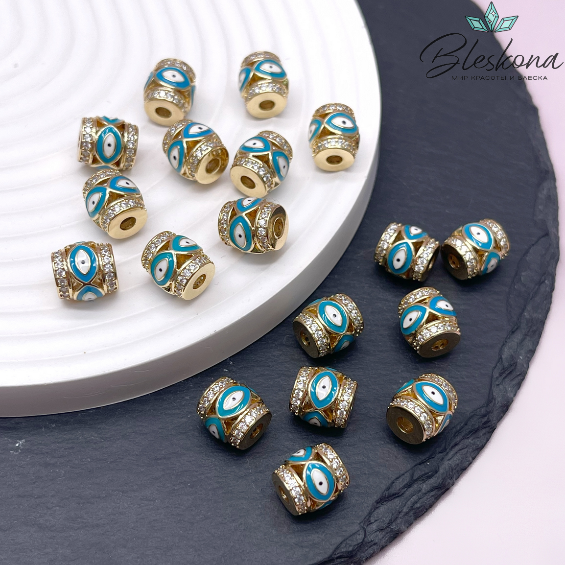 10*9,5 мм Цвет золото, Бусина бочонок глаза цирконы голубая эмаль