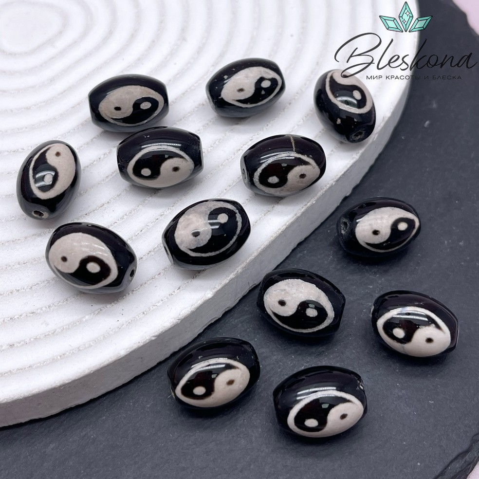 Бусина Дзи Инь-Янь черно-белый бочонок 16*12 мм